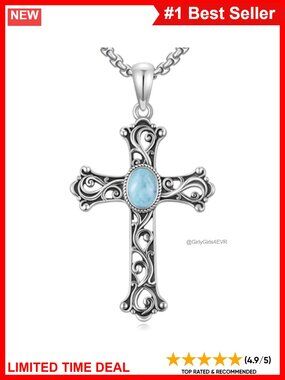 Sterling Silver Larimar Cross Necklace Filigree Crucifix Pendant Christian